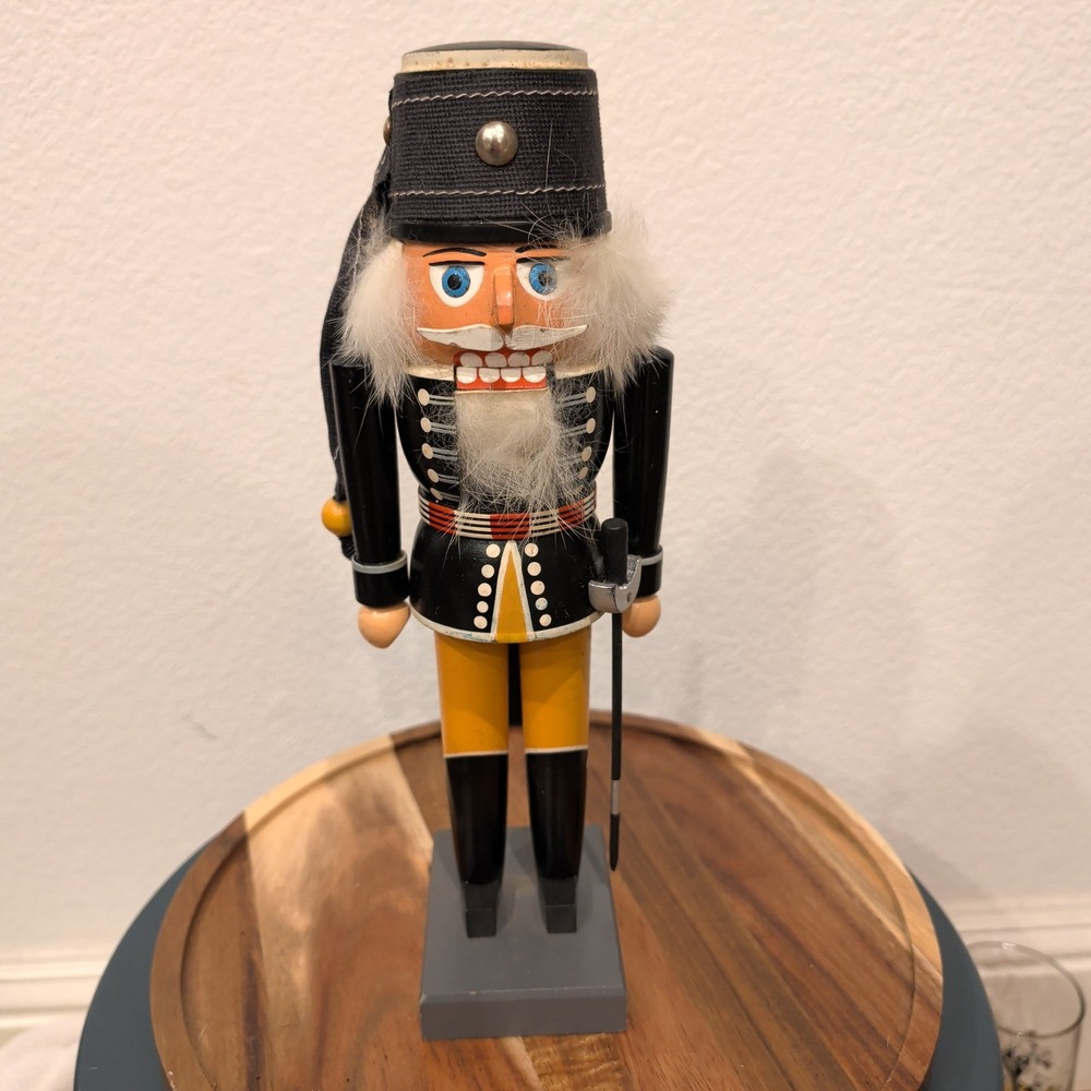 Vintage Erzgebirge German Wooden Nutcracker Soldier Black Uniform Sword 11 Inch